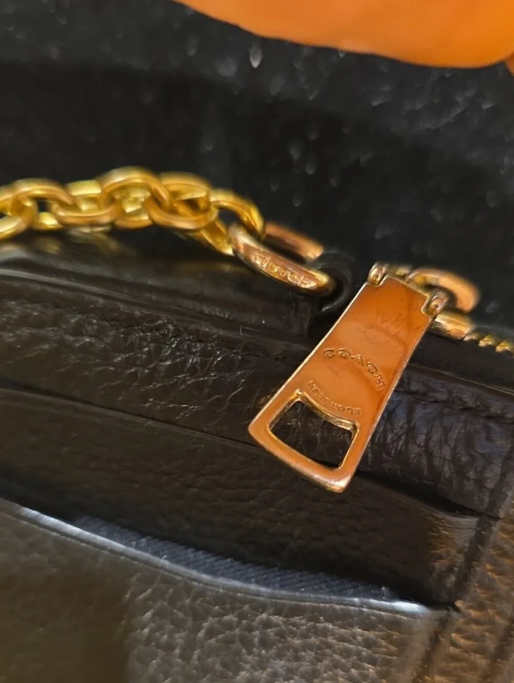 Coach Black Pebbled Leather Mini Wallet with Gold Chain